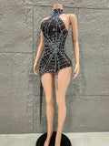 Women Luxury Black Mesh Spider Crystal Asymmetric Bodycon Mini Dress Sexy Sensual Evening Club Nightwears Showgirls Dress