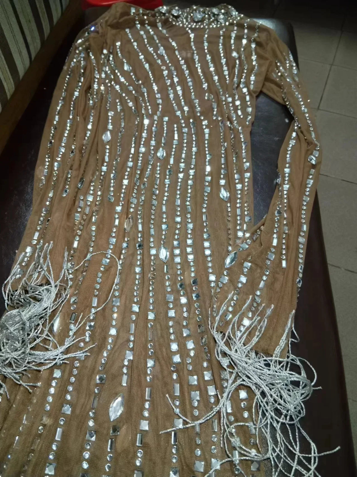 Sparkly Silver Big Rhinestone Transparent Long Dress Evening Birthday Celebrate Luxurious Costume Dancer Flashing Dress