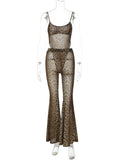 Sexy See Through 2 Piece Set Women Sexy Strapless Bodysuit Tops+Flare Pants Matching Summer Midnight Clubwear Outfits