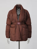 Solid Casual Basics Down Jacket for Women V Neck Long Sleeve Tunic Patchwork Sashes Slimming Elegant Coat Female