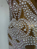 High Quality Women Sexy Rhinestone Pearl Mesh Transparent Dress Birthday Celebrate Dress Evening Party Dance Performance Costume