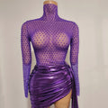 Women Sexy Mesh See Through Long Sleeves Mini Dress Luxury Sparkly Purple Diamond Birthday Evening Party Nightclub Stage Costume