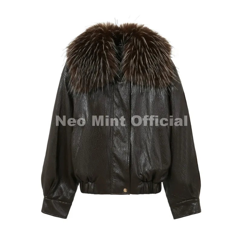 Exclusive Faux Raccoon Fur Collar Brown PU Leather Jacket Women 2026 Winter Warm Windproof Insulation Faux Leather Coat