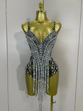 Sexy Sparkly Rhinestones Long Tassels Red Mesh Stretch Bodysuits Women Eveing Party Birthday Nightclub Performance Stage Costume