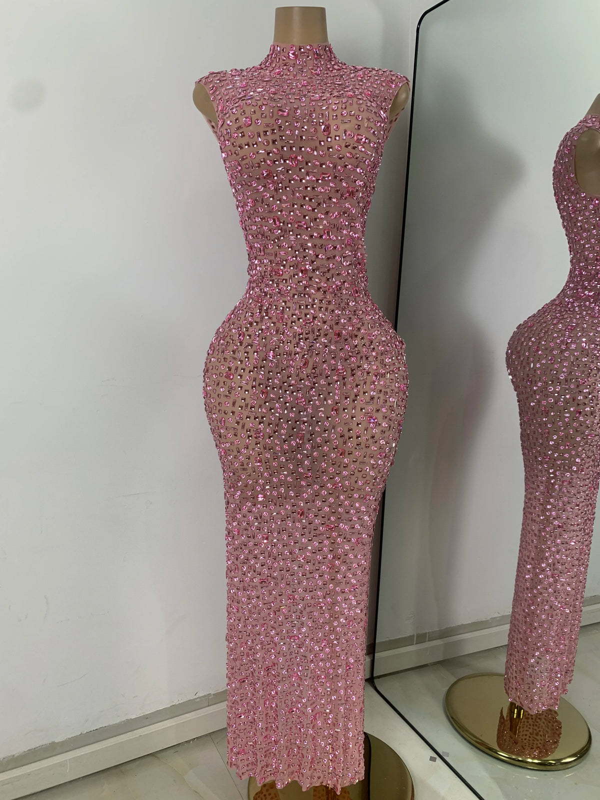 Luxury Crystal Diamonds Long Party Dress Sexy Mesh Sleeveless See Through Evening Prom Birthday Women's Clothing Singer Wear