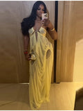Sexy Yellow Chiffon Halter Maxi Dress Lady Chic Hollow Out Backless Lace Up Sleeveless See Through Robe Female Spring Party Wear