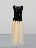 Hit Color Hollow Out Dresses for Women Round Neck Sleeveless High Waist Spliced Mesh Long Dress Female
