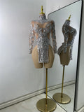 Sparkly Sequins  Gold Silver Mini Dress Women Sexy Split Nightclub Party Performance Dresses Birthday Celerbity Stage Outfit
