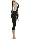 Knot Decoration Playsuit Women Halter Bandage Backless Tassel Folds Deep v-Neck Seeveless Elasticity Sexy Romper