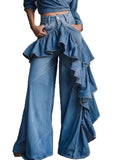 European And American Style Asymmetrical Ruffle Edge Splicing High Waist Wide Leg Jeans For Women Autumn 2026 New