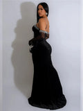 Luxury Woman Evening Dress Sparkle Heartbeat Velvet Diamonds Maxi Dress Gown Celebrities Outfits With Rhinestones Glove