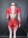Sexy Skinny Leotard Singer Dancer Show StageWear Sparkly Blue Rhinestones Women DanceCostume Fringes One Shoulder Bodysuit  7G