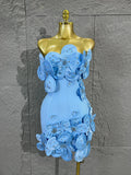 Strapless 3D Handmade Flower RhinestoneBandage Mini Dress Women Sky CorsetBodycon Short Cocktail Party Evening Dress