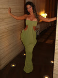 Elegant Hollow Dress Women Solid Patchwork Sleeveless Backless Ruched Stretch Gown Midnight Prom Party Long Bodycon