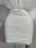 Women White Off The Shoulder Mesh Eveing Party Birthday Prom Nightclub Costumes Elegant Puff Sleeve Ruched Bodycon Mini Dress
