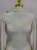 Luxury White Full Pearl Long Sleeved Stretch Bodysuit Women Birthday Evening Party Celebrate DJ Performance Nightclub Stage Wear