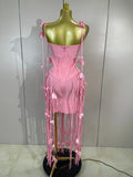 Elegant Pink Strapless Sexy Long Tassel Bandage Dress Women Celebrity Evening Party Luxury Birthday Cocktail Dress Stage Wear