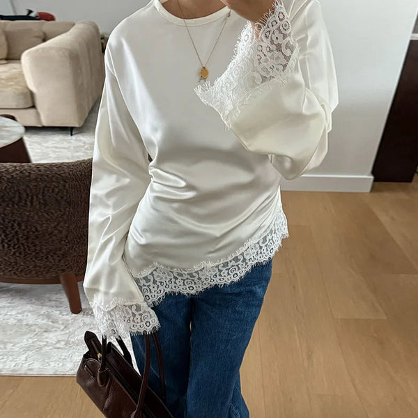 Asymmetric Women's Lace Satin Patchwork Shirts Lace Up O-neck Full Sleeve Female Blouses 2026 Spring Lady Fashion Loose Tops New