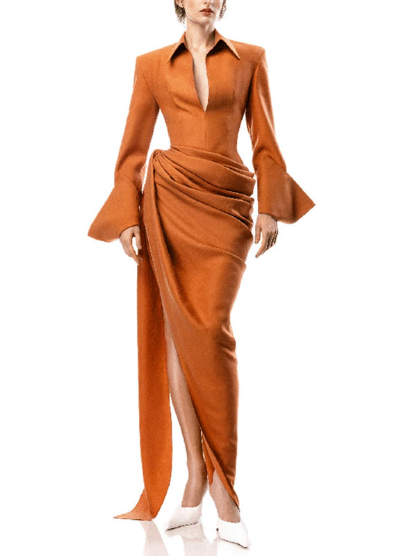 Vintage Solid Shirt Dress Women Turn Down Collar Flared Sleeve High Waist Asymmetry Dress Fashion Resort Travel Dress