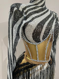 New Shiny Diamond Sequin Tassels Sexy Mesh Long Sleeved Two Piece Set Women Evening Birthday Party Nightclub Stage Costume