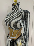 New Shiny Diamond Sequin Tassels Sexy Mesh Long Sleeved Two Piece Set Women Evening Birthday Party Nightclub Stage Costume