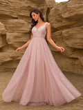 Sleeveless Evening Dresses V-Neck Sequined Embroidery Long Party Gown Clothing Elegant Mesh A-Line Formal Wedding Dress