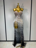 Women Sexy Strapless Rhinestone Tassels Maxi Long Dress Luxury Birthday Party Bar Nightclub Celebrity Stage Performance Outfit