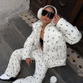Women Floral Print Hooded Puffer Snow Suit Two Piece Outfit Thick Warm Winter Windproof Ski Jacket Wide Leg Pants Set Outdoor