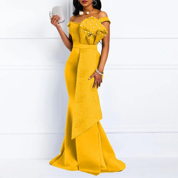 Winter Women Slash Neck Short Sleeve Pearl Dress Sexy Office Lady Africa Evening Night Club Party Long Maxi Dresses GL05143