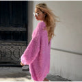 Fuzzy Sequin Zipper Women Cardigan Stand Collar Long Sleeve Loose Knitted Jacket Oversized Sequined Furry Knit Casual Winter Top