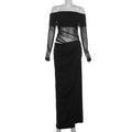 Patchwork Dress Women Mesh Elegant Sexy 2025 Spring Slash Neck Ruched Chic Birthday Party Festival Vacation Vestidos