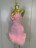 Women Sparkly Rhinestones Ruched Luxury Birthfay Evening Party Dress Sexy Halter Sleeveless Bodycon Mini Bandage Cocktail Dress