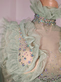 Women Eveing Party Birthday Dance Nightclub Stage Wear Sexy Sparkly Rhinestone Ruffled Long Sleeves Mesh See Through Mini Dress