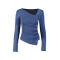 Solid Spliced Folds Designer T Shirt For Women Skew Collar Long Sleeve Patchwork Buttons Chic T Shirts Female New