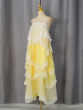 Gradient Color Runway Spaghetti Strap Maxi Dress for Women Strapless Spliced Ruffles Sweet Lace Edge Cake Dresses Female New
