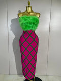Luxury Celebrity Evening Party Birthday Dresses Women Sexy Green Feather Strapless Color Block Plaid Bodycon Midi Bandage Dress