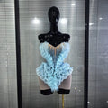 Skyblue Women Sexy Strapless Mesh Ruffle Shining Crystal Bodycon Mini Dress Celebrate Nightclub Party Bar Singer Show Stage Wea