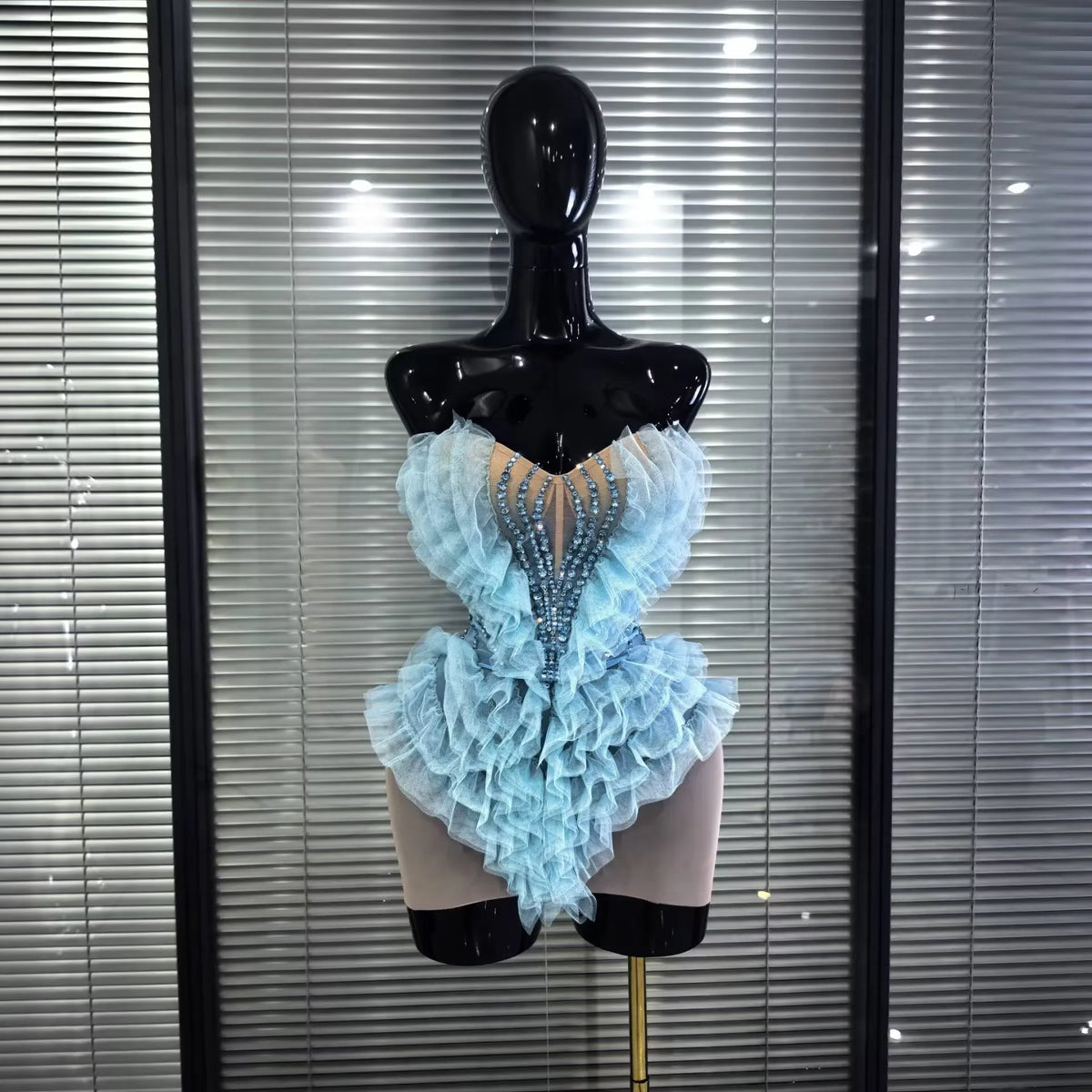 Skyblue Women Sexy Strapless Mesh Ruffle Shining Crystal Bodycon Mini Dress Celebrate Nightclub Party Bar Singer Show Stage Wea