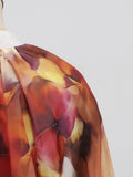 Vintage Loose Two Piece Set for Women V Neck Puff Sleeve Spliced Lace Up Top High Waist Fold Printing Skirt Suit Female New