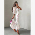 White Pink Floral Choker Neck Dress Women Elegant V-neck 3/4 Sleeves Peplum Ruffle Hem Long Dresses 2026 Lady Daily Vestidos New