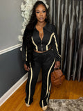 Casual Tracksuit 2-Piece Set Women Stripe Patchwork Zip Lapel Crop Jacket+Drawstring Pants Matching Sporty Outfits