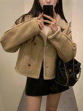 Retro Suede Coat Women's Hong Kong Style Double Breasted Suit Collar Winter New Arrival Chic Lightweight Luxury Coat