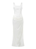 Sexy White Satin Maxi Dresses for Women Square Collar Sleeveless Tunic Fishtail Classic Dinner Dress Female Fashion