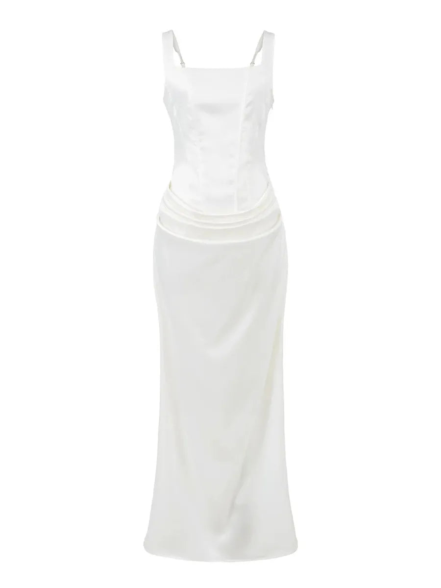 Sexy White Satin Maxi Dresses for Women Square Collar Sleeveless Tunic Fishtail Classic Dinner Dress Female Fashion