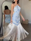 French Retro Floral Printing Dresses for Women Halter Sleeveless High Waist Spliced Tassel Hem Midi Dress Female