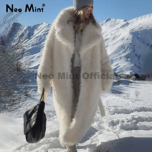 Winter Brand Fashion Russian Girl Style Belted Maxi Furry Fur Coat Women Faux Lamb Fur Jacket Hot Chunky Outerwear