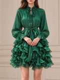 Ruffled Mock Neck Mini Dress for Women Tie Neck Long Sleeve Flare Cuff Self Tie Sash Waist Tiered Ruffle for Party Occasions