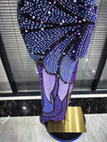 Purple Shining Rhinestones Women Sexy Strapless Mesh See Through Bodycon Long Maxi Dress Celebrate Nightclub Party Birthday Wear