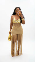 Sexy Cutout Crochet Beach Dress 2026 Summer Women One Shoulder Backless Knitted Sequined Fringe Tassel Midi Dress Clubwear