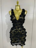 Sexy Black Pearl Flower Mesh See Through Mini Dress Women Evening Party Club Birthday Dress Nightclub Photoshoot Stage Costumes